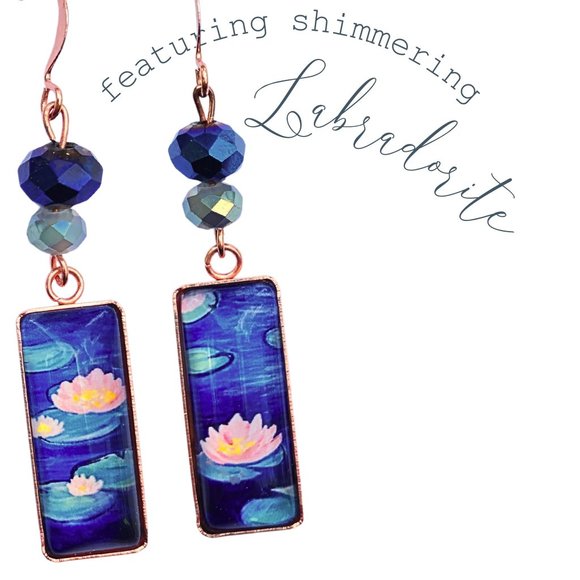 Water Lilies Earrings Claude Monet Handmade Art Pink Blue Glass Labradorite - Picture 5 of 7